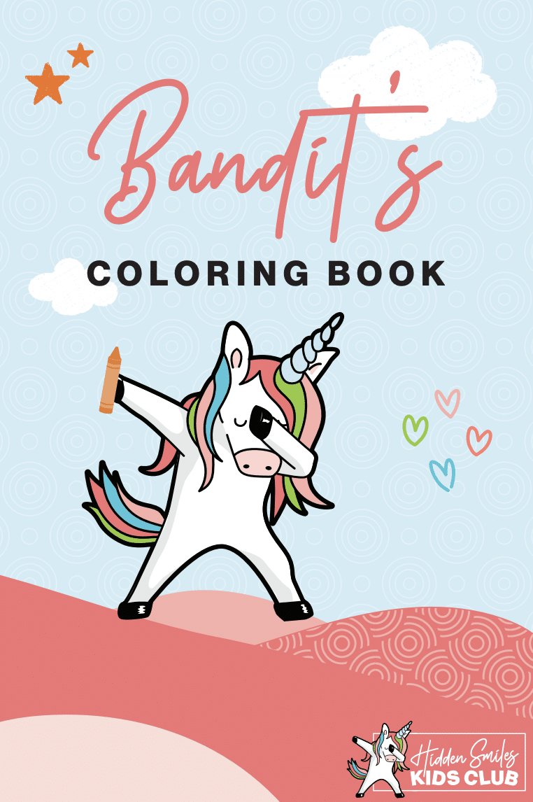 Front cover of bandit the unicorn orthodontic coloring book, unicorn dabbing