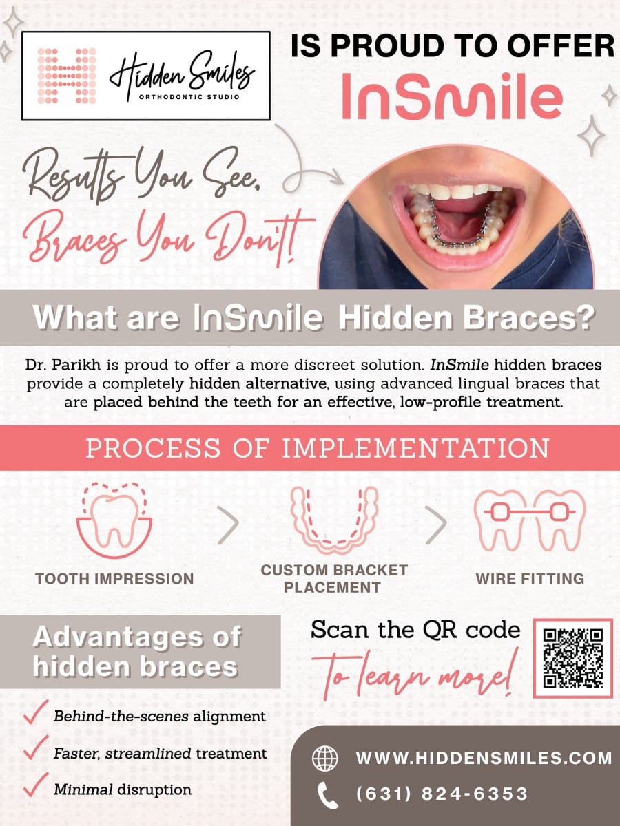 InSmile hidden braces graphic for Hidden Smiles Orthodontic Studio in Melville, NY explaining discreet lingual braces placed behind the teeth.